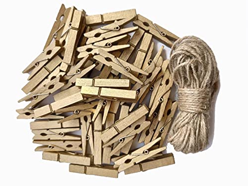 1.9 in Gold Clothespins Art Hanging Kit Kids Artwork Picture Party Xmas Decor Clothing Clamps with Jute Twine Pack 50 - color: 50pcs (2 Inch) Gold + Jute Twine