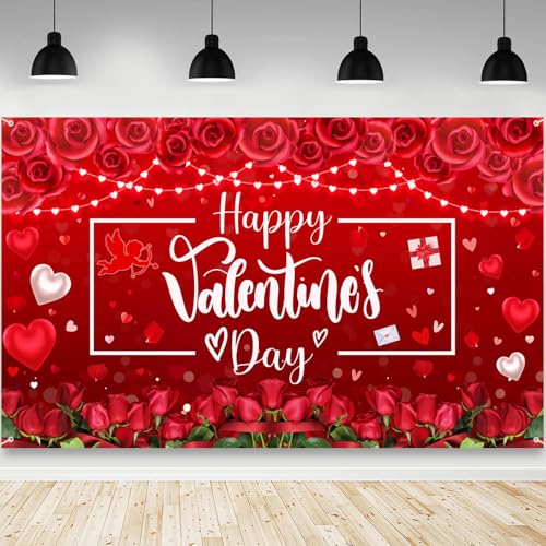 AIBIIN Happy Valentines Day Backdrop Red Flower Happy Valentine's Day Decorations Banner Red Heart Valentines Day Party Decorations Backdrop Photo Booth Props 70.8x43.3 inch - color: Red, size: 70.8 x 43.3inch