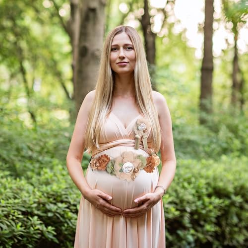 Baby Shower Sash Decorations Mom to Be Corsage Gift Dad to Be Pin 3Pack Set Flower Belt for Maternity Dress - Gender Reveal Pregnancy Photo Props - color: Beige Green