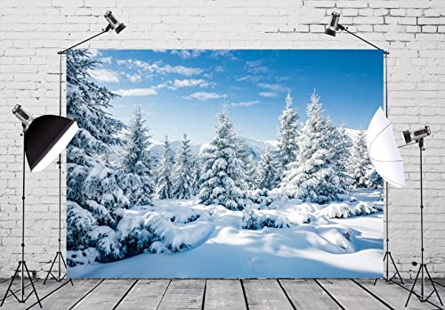 BELECO 12x8ft Fabric Winter Snow Forest Backdrop White Xmas Trees Wintry Scene Alps Photography Background for Christmas New Year Event Party Decorations Banner Holiday Photo Background Photo Props - size: 12x8FT