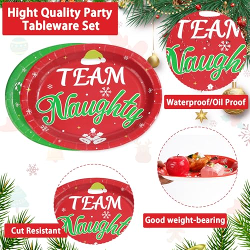 50Pcs Christmas Oval Paper Plates Team Naughty Team Nice Party Decorations 10" x 12" Large Disposable Heavy Duty 400GSM Red and Green Christmas Dinner Plates for Xmas Holiday Cocktail Party Supplies - style: Team Naughty Team Nice Oval Plates