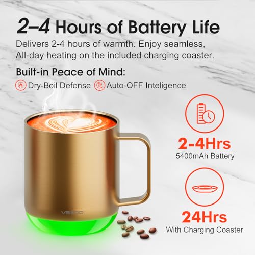Vsitoo S6 Plus Smart Coffee Mug, 12oz,Temperature Controlled Mug & Electric Coffee Mug with Music Sync Lights，Auto-Sensing AI Heats Drinks to 120-150°F Hands-Free. Ideal for Home/Office/Gifts - Gold - color: Gold