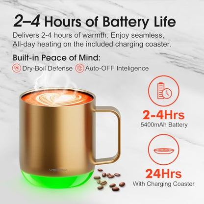 Vsitoo S6 Plus Smart Coffee Mug, 12oz,Temperature Controlled Mug & Electric Coffee Mug with Music Sync Lights，Auto-Sensing AI Heats Drinks to 120-150°F Hands-Free. Ideal for Home/Office/Gifts - Gold - color: Gold