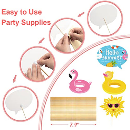 25Pcs Pool Photo Booth Props with Stick, Beach Summer Pool Party Decorations, Hawaiian Party Decorations Funny Selfie Photo Booth Props for Summer Hawaii Party Birthday