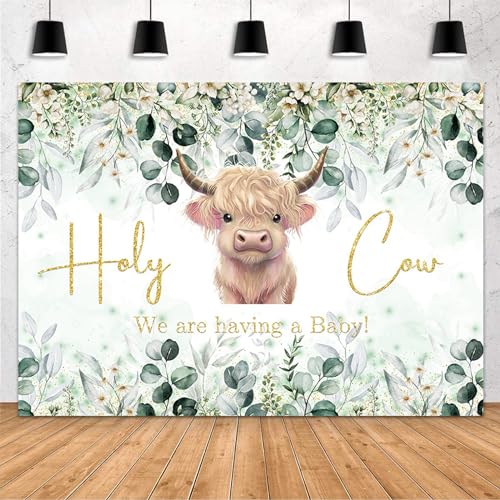 MEHOFOND 8x6ft Holy Cow Baby Shower Backdrop for Boy We are Having A Baby Greenery Baby Shower Party Decorations Banner White Floral Watercolor Eucalyptus Photography Background Photo Booth Props - color: Green, size: 8x6ft