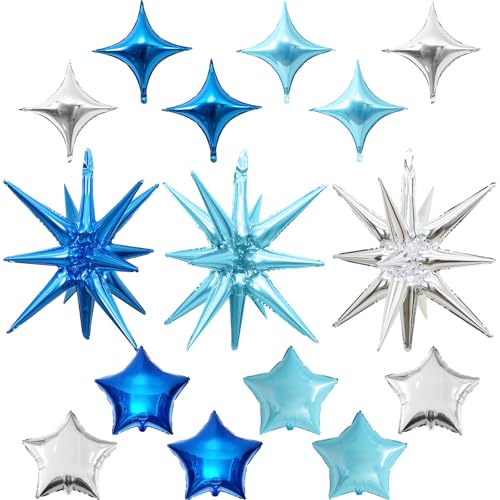Blue Silver Star Balloons, 22in Large Star Balloons Foil 10in 4-Pointed & Pentagram Balloon for Graduation Baby Shower Space Themed Birthday Party Decorations - color: Blue Silver