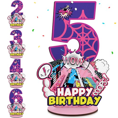 Baderke Pink Spider Theme Birthday Number Sign 16.7'' Purple Spider Birthday Centerpiece for Party Decor Wooden Table Photo Prop(5th) - style: 5th