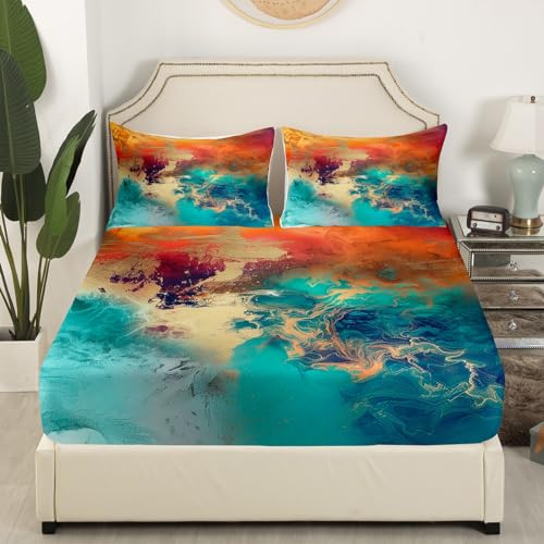 Teal Blue and Gold Modern Bed Sheets Set Modern Marble Aesthetic Fitted Sheet for Kids Boys Girls Golden Streaks Bedding Set Marble Texture Bed Cover 3Pcs Full Size - color: Multi 10, size: Full