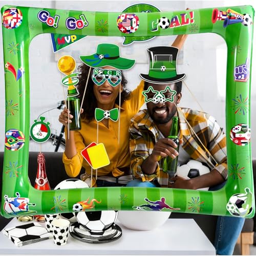 Soccer Inflatable Photo Frame & Props, 25Pcs Soccer Photo Booth Props with Large Football Themed Inflatable Picture Frame for Sport Game Party Selfie Supplies - color: Football