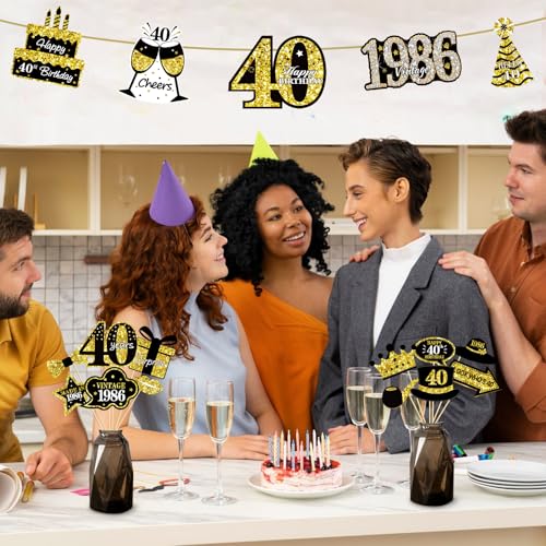 21Pcs 40th Birthday Decoration Photo Booth Props for Men Women, Funny Black Gold Vintage 1986 40th Birthday Props Kit with Sticks Party Supplies, Cheers to 40 Bday Photo Props Sign Decor