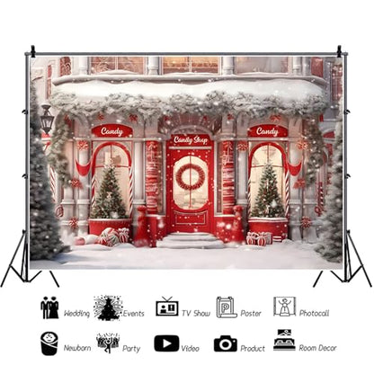 5x3ft Red Christmas Shop Photo Backdrop - Xmas Gingerbread House Banner Santa Background - Baby Shower Candy Themed Birthday Decor House Party Photo Booth Props - size: 5x3ft