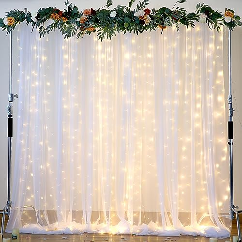 White Tulle Backdrop Curtain with Lights String for Parites 10×8ft Sheer Backdrop Curtains White Curtain Backdrop for Wedding Baby Shower Birthday Party Photo Shoot Decorations(2 Panels 10ft×8ft) - color: White, size: 10 ft X 8 ft(2 Panels 5ft X 8ft)