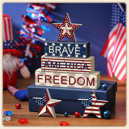 Geelin 6 Pieces Memorial Day Table Decorations Patriotic Wooden Block Signs 4th of July Centerpieces Freedom Brave Red White Blue Tiered Tray Decor for Home 250th Anniversary - style: Star