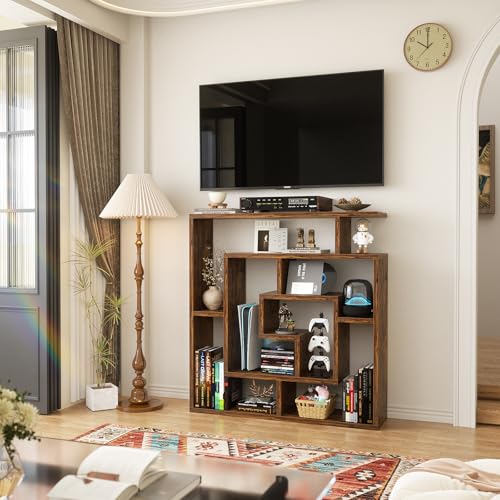 Armocity 6 Tier Display Book Shelf Wall Mounted Bookshelf Freestanding Geometric Bookcase Floating Book Shelves for Wall Bedroom Living Room Home Office, 45.5"(W) * 47"(H), Rustic Brown - color: Rustic Brown