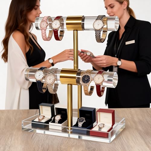 Acrylic Jewelry Display Stand 2 Tier Clear Bracelet Holder Necklace Stand Gold Metal T Bar Tower Organizer With Bottom Tray for Rings Make-up Case