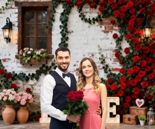 10x10ft Valentines Day Backdrop Rustic Wooden Window Greenery White Rose Wall Valentine Photo Props for Photoshoot Happy Galentines Photography Background Valentine's Day Party Decorations Wall Decor - color: Red, size: 10x10ft