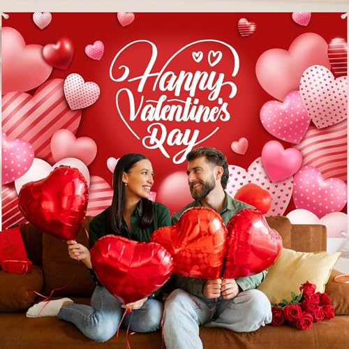 Valentine's Day Photography Backdrop 72 x 44 Inch - Pink Red Heart Filled Happy Valentine's Day Banner for Romantic Shoots - color: Red