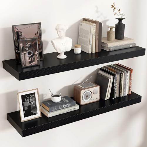 Venusmiles Floating Shelves for Wall, Engineered Wood Wall Shelves with Invisible Brackets for Living Room Bedroom Bathroom Office Kitchen Decor and Storage (Black, 36" W x 9" D x 1.5" H) Set of 2 - color: Cool Black, size: 36"W, Set of 2
