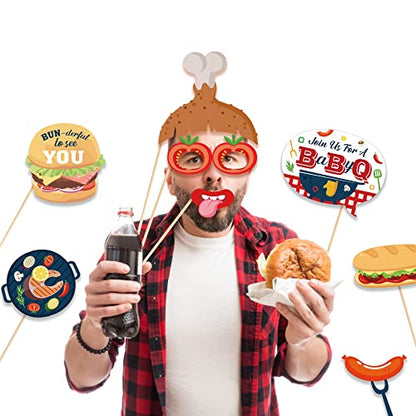 25 Pcs BBQ Photo Booth Props with Stick,Burger BBQ Party Decorations Cookout Themed Picnic Decorations Reunions Fun Selfie Props