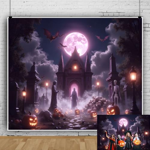 10x8ft Halloween Backdrops for Photography Spooky Full Moon Gothic Graveyard Halloween Photo Backdrop for Photoshoot Bats Skeleton Cemetery Background Hallows' Eve Party Decorations - color: Purple, size: 10x8ft