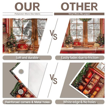 Fabric 7x5ft Christmas Kitchen Photography Backdrop Cabinets Window Winter Snow Scene Background Xmas Family Party Decoration New Year Photo Banner Props - size: 7'x5'