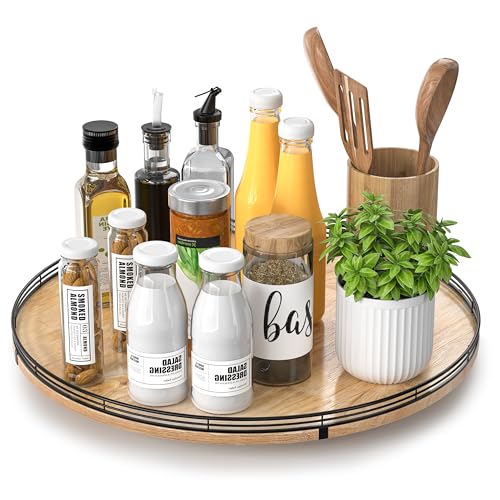 18" Lazy Susan Oak Wood Turntable Organizer for Cabinet, Farmhouse Round Wooden Large Lazy Susan Organization and Storage for Dining Table, Pantry, Kitchen, Countertop, Cupboard, Home Decor - color: Brown & Black, size: 18 inches