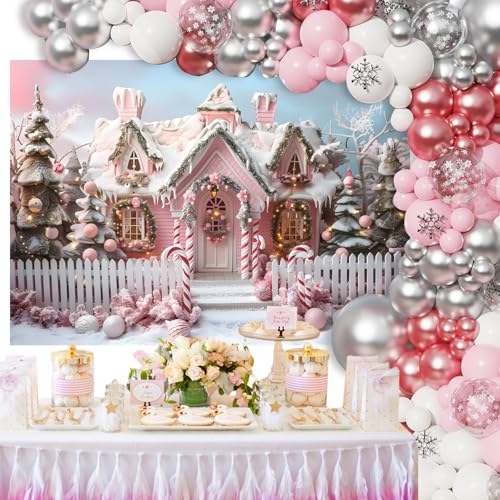 Mocsicka Pink Christmas Backdrop Christmas House Cane Candy Winter Christmas Party Photography Decoration Background Holiday Party Photo Prop Supplies (7x5ft) - size: 7x5ft