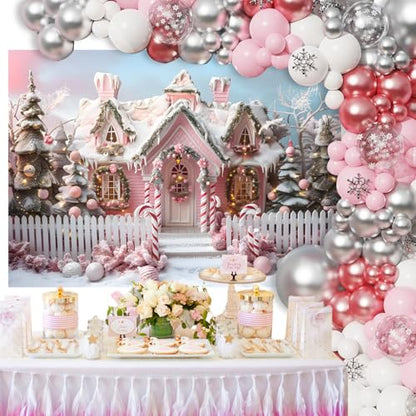 Mocsicka Pink Christmas Backdrop Christmas House Cane Candy Winter Christmas Party Photography Decoration Background Holiday Party Photo Prop Supplies (7x5ft) - size: 7x5ft