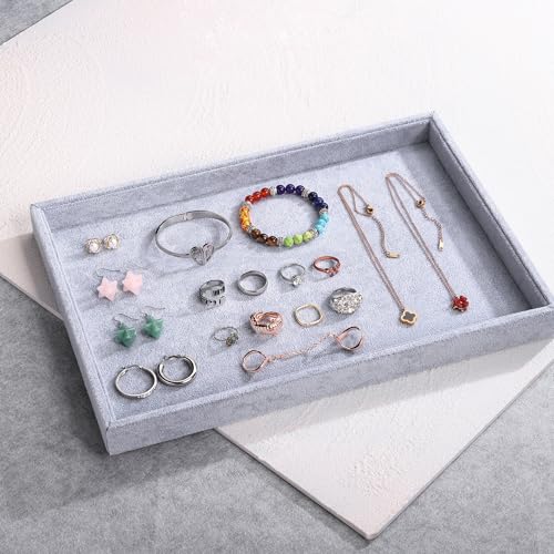 13.8" x 9.5" Velvet Jewelry Tray Jewelry Display Tray, Stackable Empty Plate Trays for Earrings Necklaces Bracelet Rings Display Showcase - Grey - color: Grey, size: Flat Tray 13.8"x9.5"