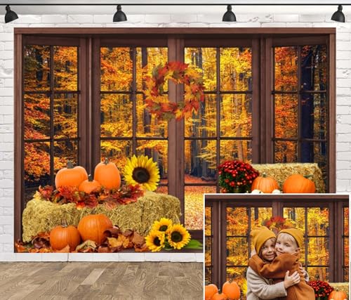 Leowefowa 12x6ft Vinyl Fall Window Backdrop Autumn Forest Pumpkin Photography Background Thanksgiving Party Decorations Baby Shower Birthday Party Background Photo Booth Props - size: 12x6ft