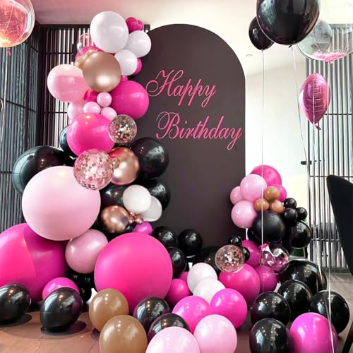 MEBAY Hot Pink Black and Gold Balloon Arch Kit, 141Pcs Rose Red Black Dusty Rose Gold Metallic Pastel Pink White Balloons for Birthday Wedding Bachelorette Gender Reveal Anniversary - color: 141-hot Pink