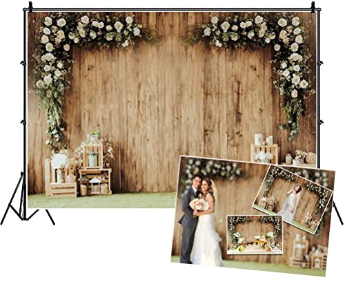 10x6ft Polyester Wedding Backdrop Rustic Floral Flower Wood Wall Backdrop Bridal Shower Reception Ceremony Photography Background Wedding Proposal Party Kids Birthday Party YouTube Photo Prop - size: 10x6ft-Polyester