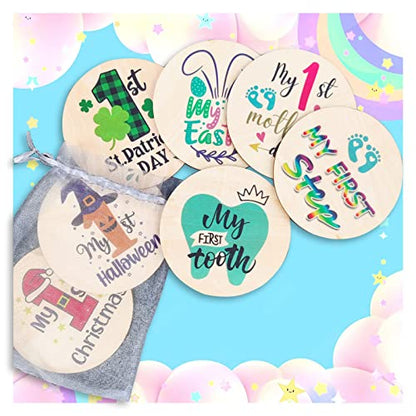 My First Holiday Milestone Cards Sign, Double Sided Newborn Photo Props Pregnancy Journey Baby Shower My First Holiday Anniversary Milestone Wooden Discs - color: Baby First Holidays