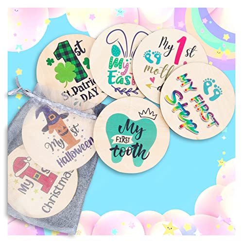 My First Holiday Milestone Cards Sign, Double Sided Newborn Photo Props Pregnancy Journey Baby Shower My First Holiday Anniversary Milestone Wooden Discs - color: Baby First Holidays