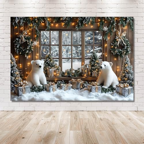 AIBIIN 8x6ft Winter Christmas Backdrop Window Snowy Xmas Pine Trees Forest View Photography Background Winter Christmas Cute Bear Gift Photo Backdrop - color: Bear, size: 8x6ft