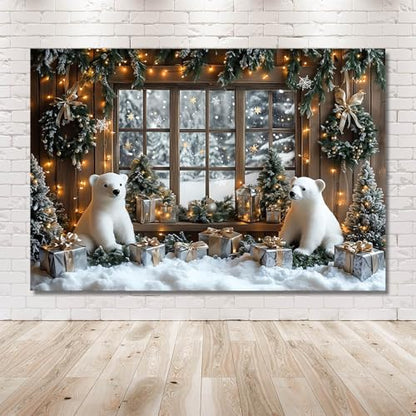AIBIIN 8x6ft Winter Christmas Backdrop Window Snowy Xmas Pine Trees Forest View Photography Background Winter Christmas Cute Bear Gift Photo Backdrop - color: Bear, size: 8x6ft
