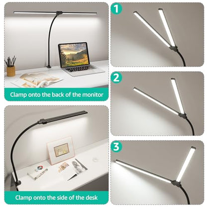 ShineTech LED Desk Lamp for Home Office, 4000K Neutral White Double Head Architect Task Lamps with Clamp, Dimmable Adjustable Flexible,Black - color: 4000K- Cool White