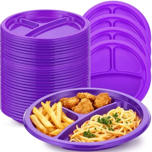 Umigy 100 Pcs 10 Inch 3 Compartments Divided Plastic Plates Bulk Colorful Disposable Heavy Duty Round Dinnerware for Party Valentine Wedding Birthday(Purple) - color: Purple