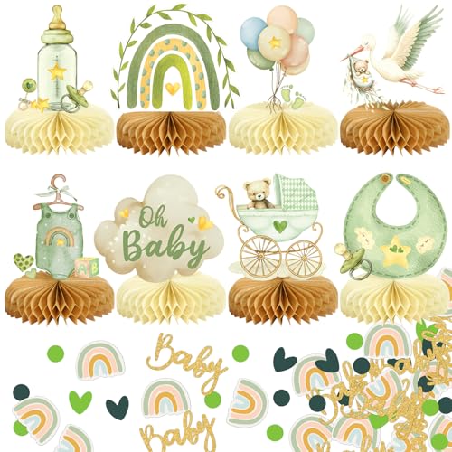 8Pcs Bear Baby Shower Decorations Honeycomb Centerpieces for Boy, Confetti Baby Shower Table Decorations Birthday Party Table Centerpieces Toppers Party Decor (Green) - color: Green-baby Shower