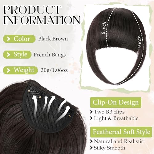 Bangs Hair Clip in Bangs, French Black Brown Fake Bangs Hair Clip on Bangs for Women Fringe with Temples Hairpieces Faux Bangs for Daily Wear - color: Black Brown