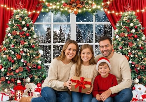 7x5ft Christmas Window Photography Backdrop Winter Merry Xmas Tree Background Night Snow Party Decoration Holiday Photo Banner Props - size: 7x5ft
