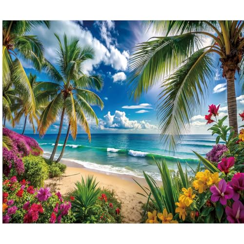 10x8ft Summer Hawaiian Beach Backdrop, Blue Sky White Clouds, Tropical Flowers and Palm Trees Vinyl Background for Luau Aloha Party Decoration Supplies