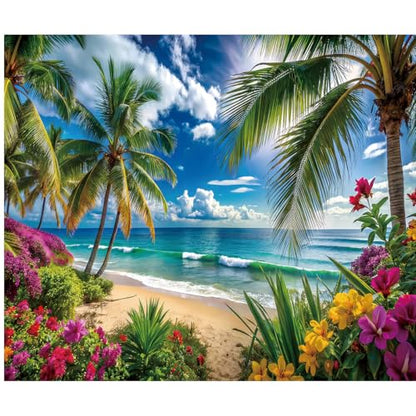 10x8ft Summer Hawaiian Beach Backdrop, Blue Sky White Clouds, Tropical Flowers and Palm Trees Vinyl Background for Luau Aloha Party Decoration Supplies