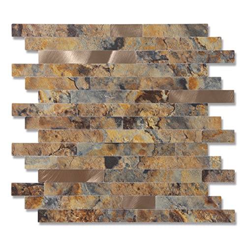 Yipscazo Peel and Stick Stone Metal Backsplash, Stick on Tiles for Backsplash Kitchen (Brown Stone Rock, 10-Pack) - color: Brown Stone Rock