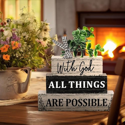 Geelin 4 Pcs Christian Wooden Sign Farmhouse Rustic Eucalyptus Leaves Wood Block Sign Table Centerpiece Religious Tiered Tray Decor Centerpiece Decor for Home Summer - style: Christian