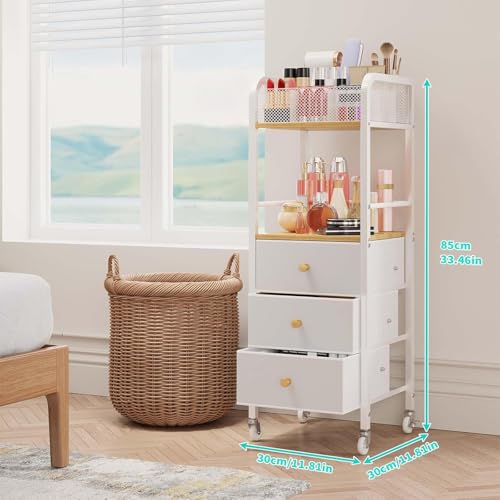 HapiRm Rolling Makeup Cart Organizer - Floor Skincare Make Up Storage with 3 Non-woven Fabric Drawers, Vanity Organizer Cosmetic Display Cases Holder for Skin Care Perfume Nail Polish Brush Hair Tool - color: Natural