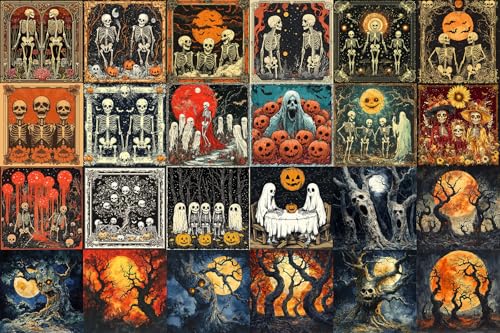 FLONZ Scrapbook Paper (24 sheets 6"x6") Skeleton Pumpkin Parade ~ Whimsical Halloween scenes with skeletons and pumpkins in retro-inspired digital collage with textured backgrounds grain overlays