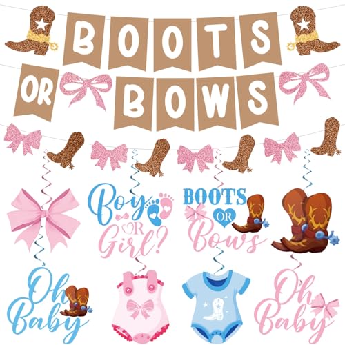 Boots or Bows Gender Reveal Decorations, Pre-assembled Brown and Pink Boots or Bows Banner, Western Cowboy or Cowgirl Gender Reveal Decorations Supplies