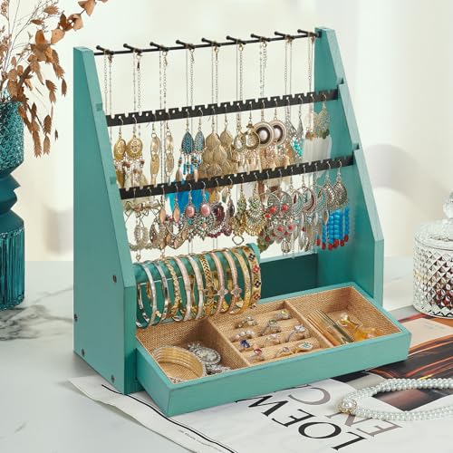 DGWJSU Jewelry Organizer Stand, 5 Layer Earring Holder Organizer with Necklace Holder, Rustic Wood Earring Organizer Display for Stud Earring Bracelet Necklace Ring, Watches - color: Teal
