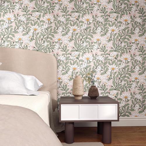 Peel and Stick Contact Paper Daisy Floral Wallpaper - Blush Pink Green Removable Wall Mural, Self-Adhesive Peel-and-Stick Decor for Bedroom Accent Wall, Waterproof Vinyl Wallpaper Roll,17.3"x 197" - color: Pink&Green, size: 17.3" x 197"